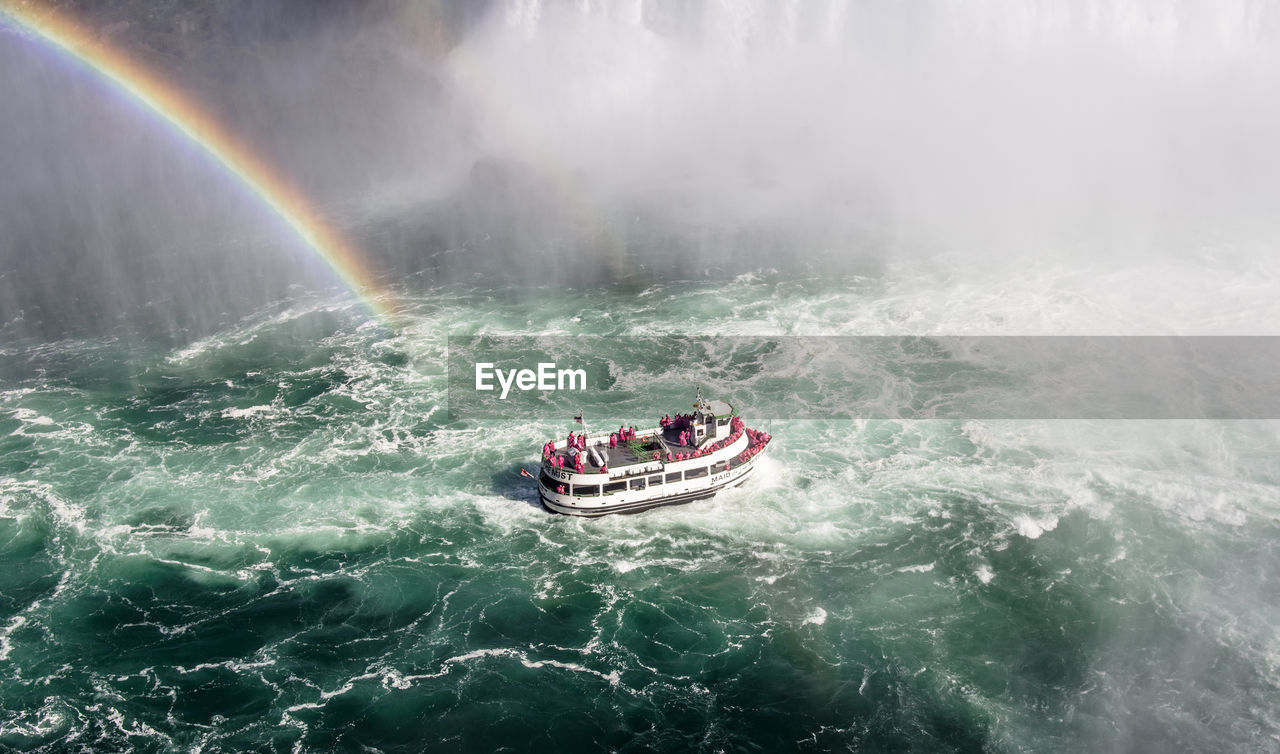 PANORAMIC VIEW OF PEOPLE ON SEA AGAINST RAINBOW IN SKY