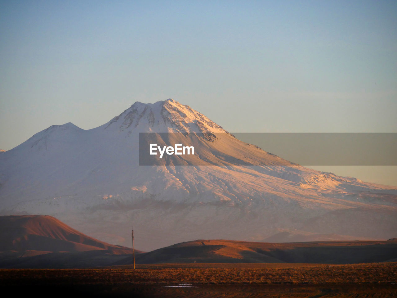 Scenic view of snowcapped mountains against clear sky