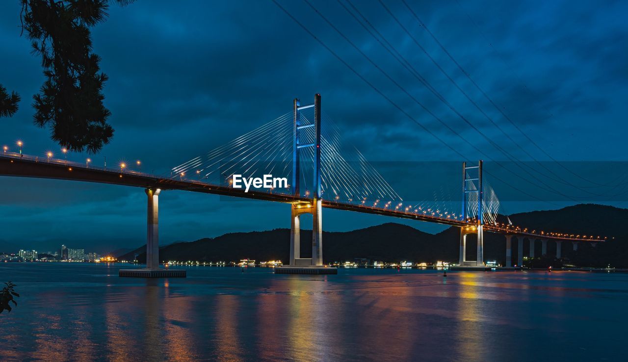 View of suspension bridge against cloudy sky