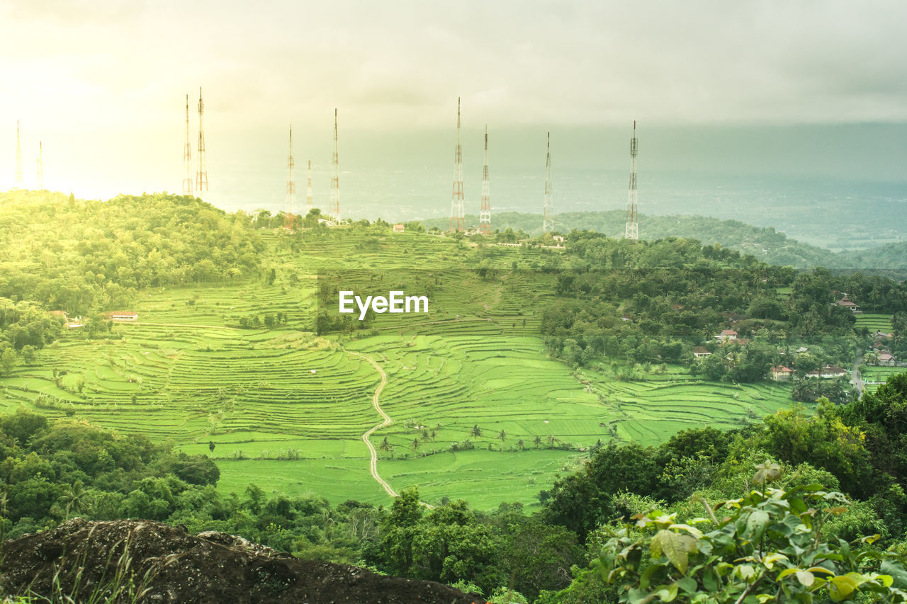 High angle view of agricultural field against sky