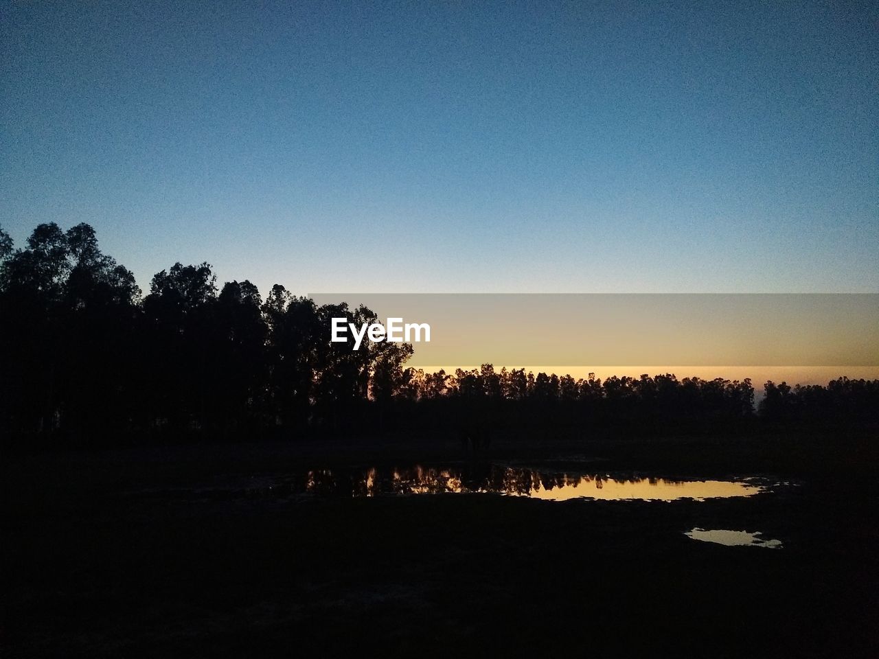 SILHOUETTE TREES BY LAKE AGAINST SKY AT SUNSET