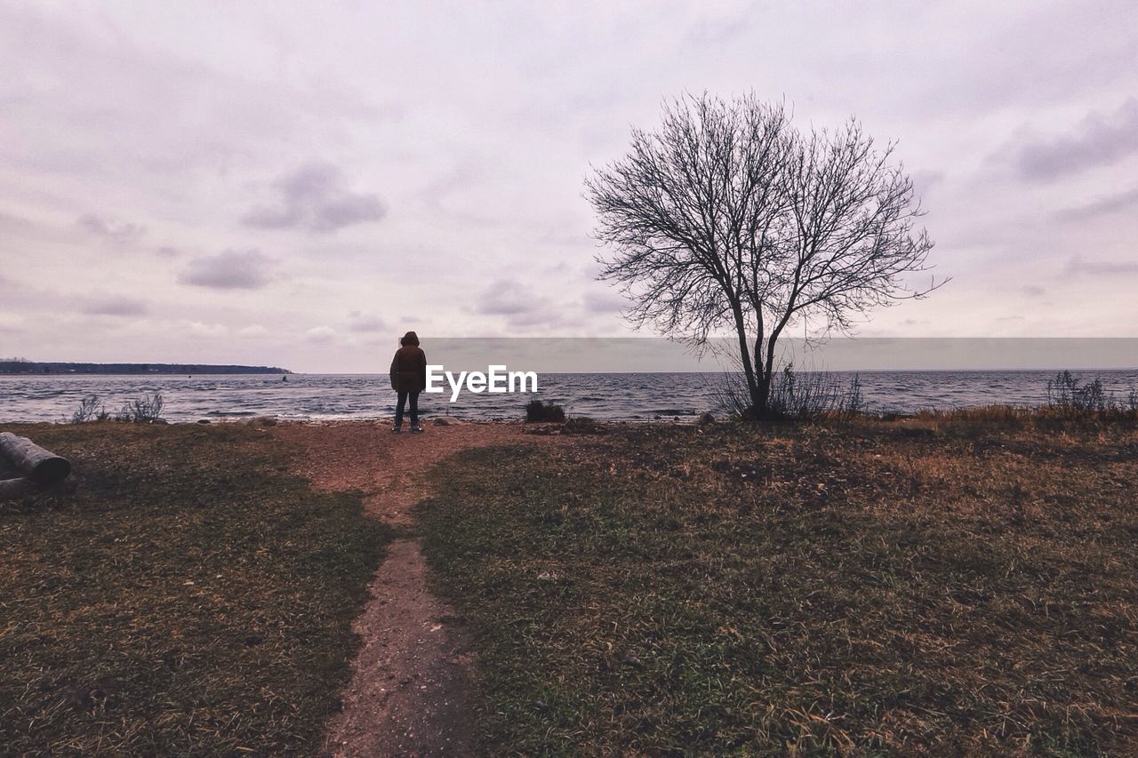 REAR VIEW OF MAN ON SHORE AGAINST SKY