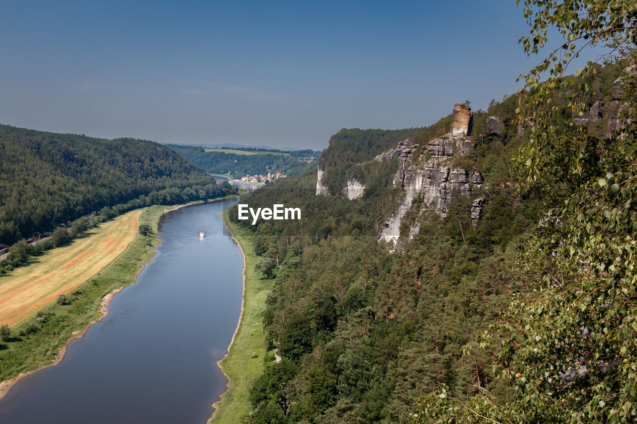 Scenic view of river amidst landscape against clear sky