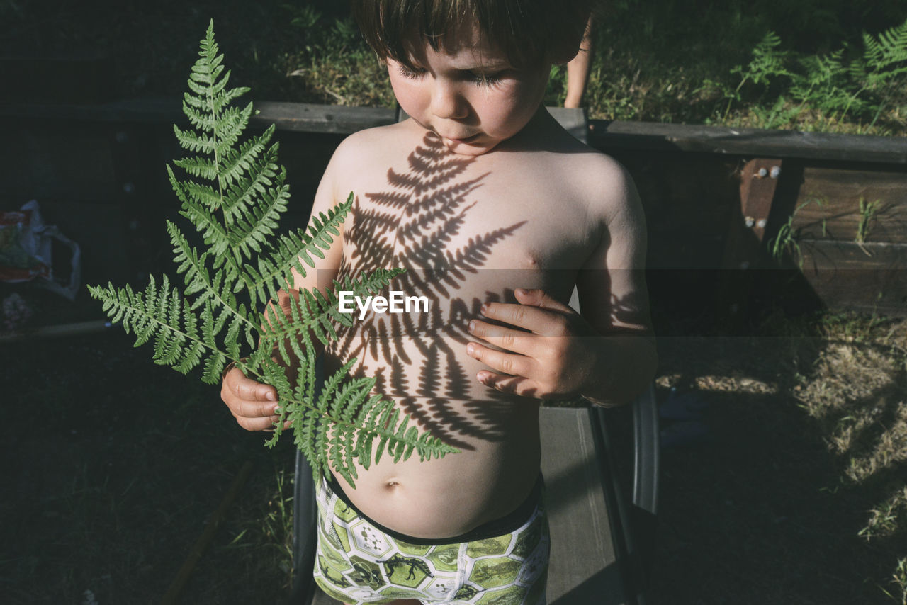 Shirtless boy playing with leaves shadow at backyard