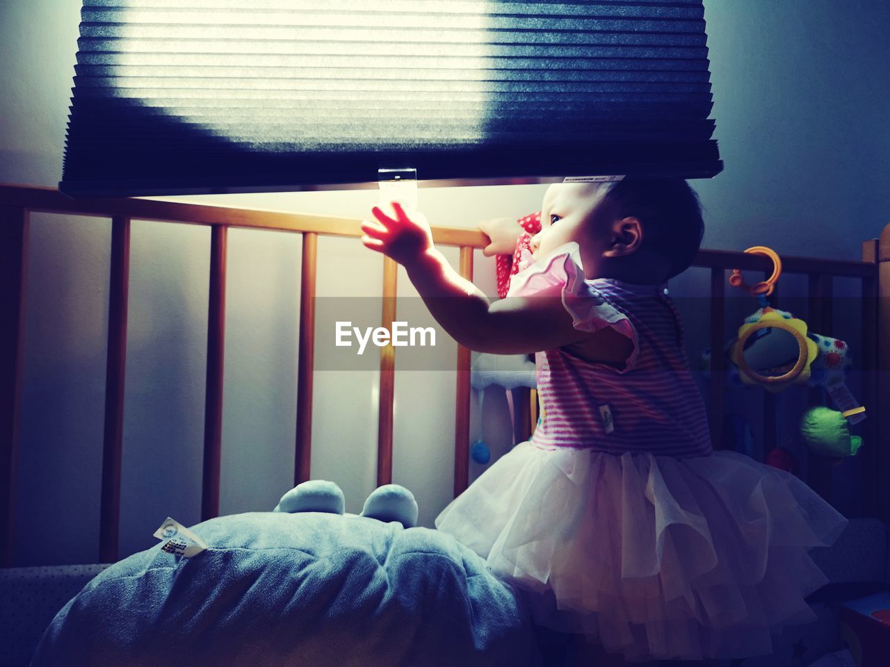 Cute girl in crib by window at home