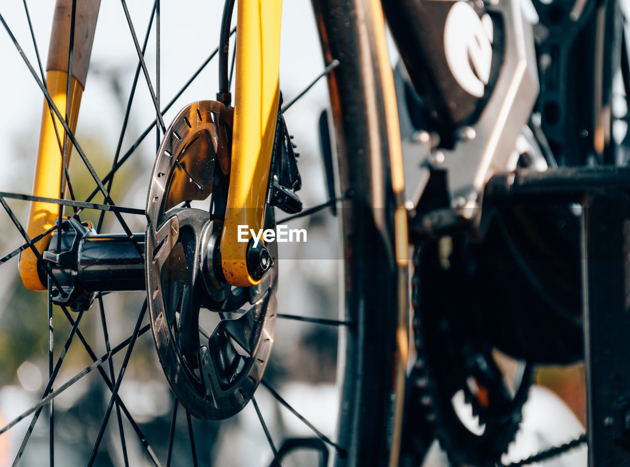 Close-up photo of front brake rotor or disc on professional racing bicycle.