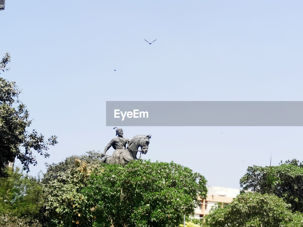 Low angle view of shivaji maharaja statue against clear sky