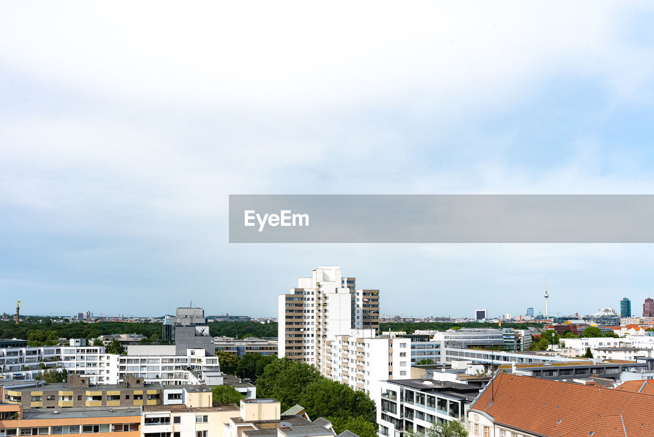 High angle view of buildings against sky