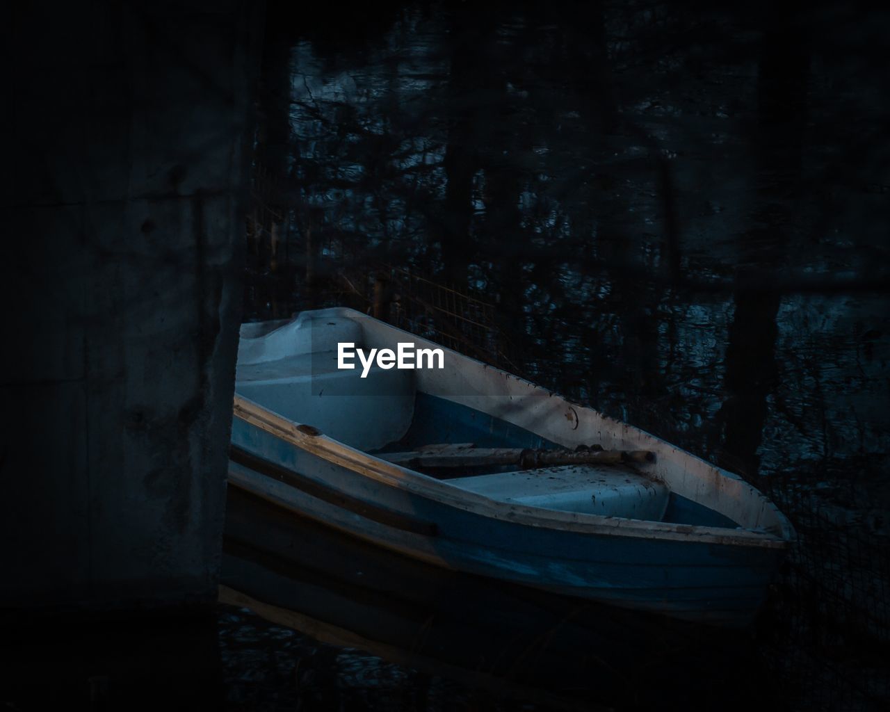 Abandoned boat moored in forest