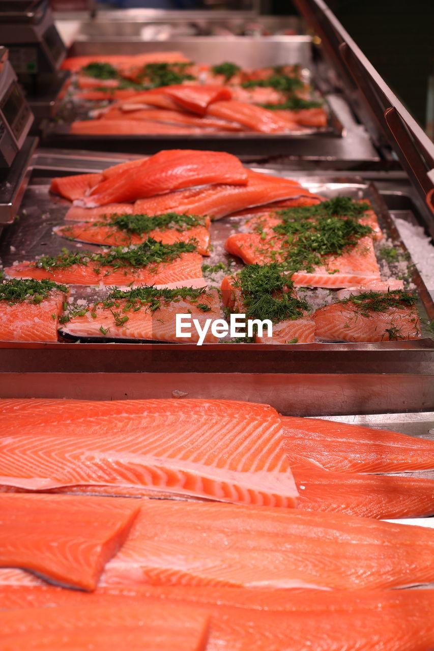 High angle view of fresh salmon at hakaniemi market hall