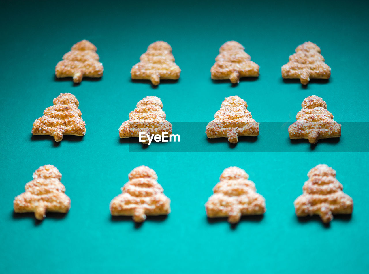 High angle view of christmas cookies on table
