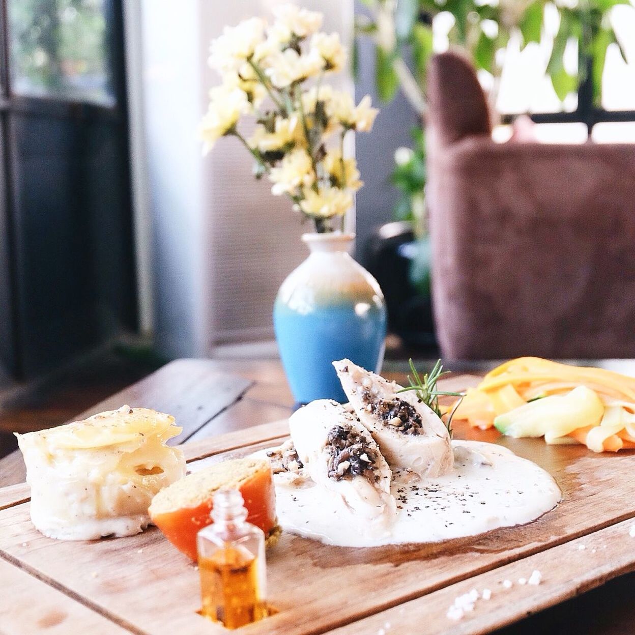 High angle view of fish served on table at home