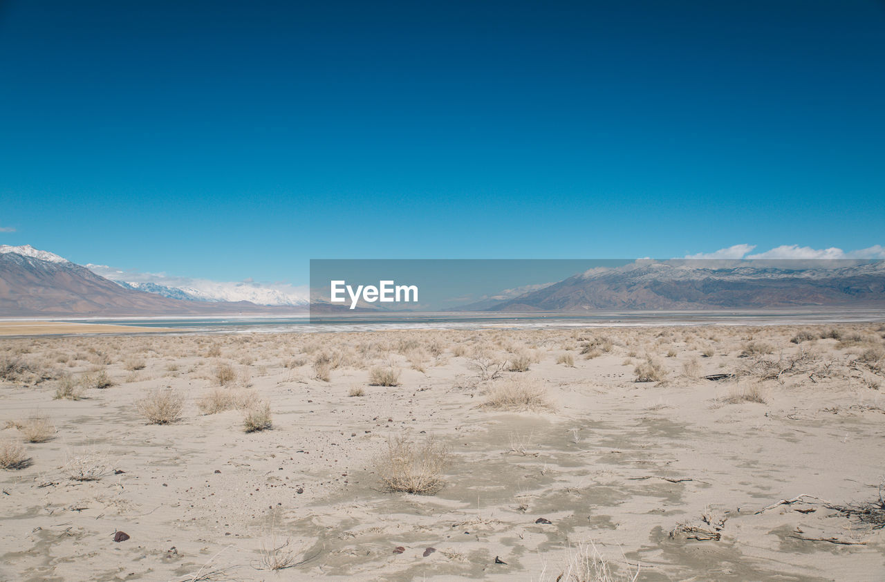 Scenic view of death valley desert against blue sky