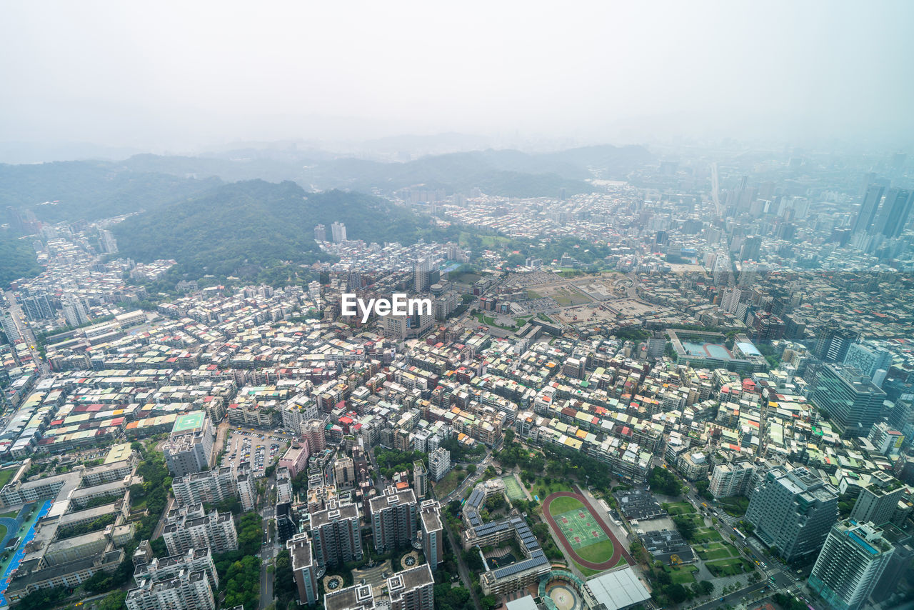 High angle view of buildings in city