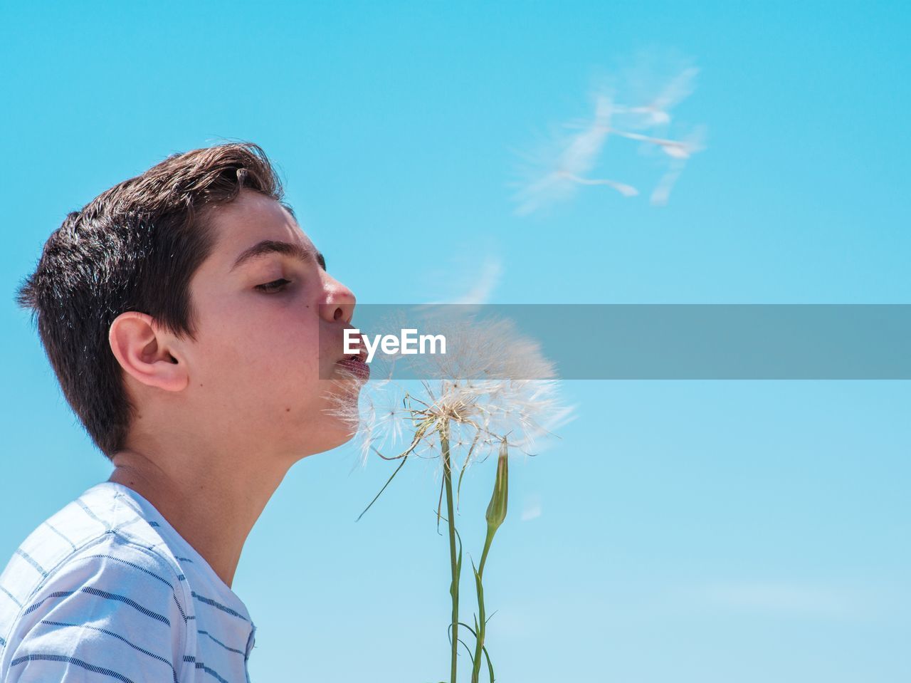 Boy blowing dandelion against blue sky