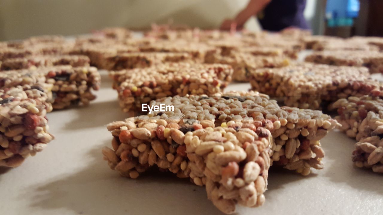Close-up of wholegrain bars on table