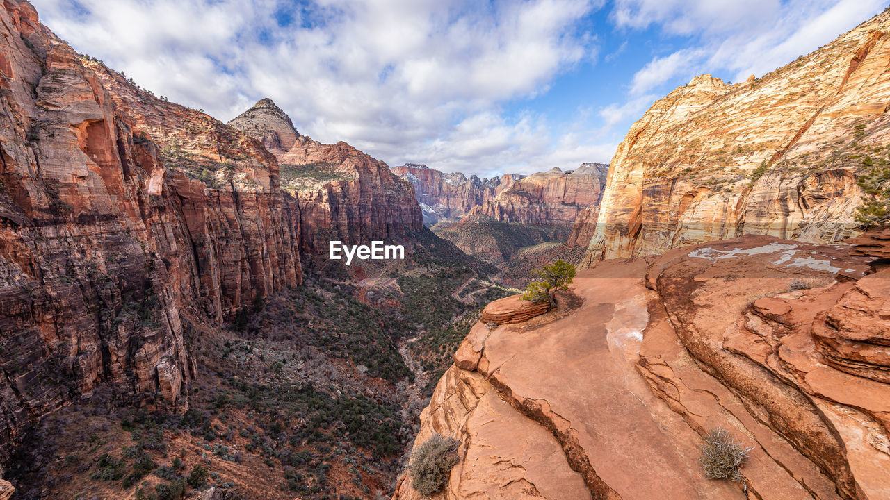 Aerial view of canyon against sky
