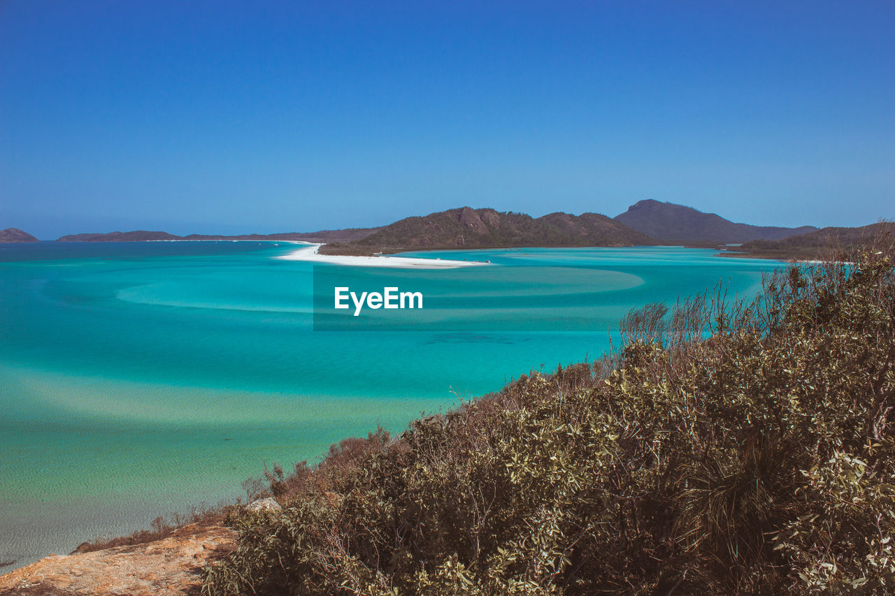 Scenic view of sea against blue sky