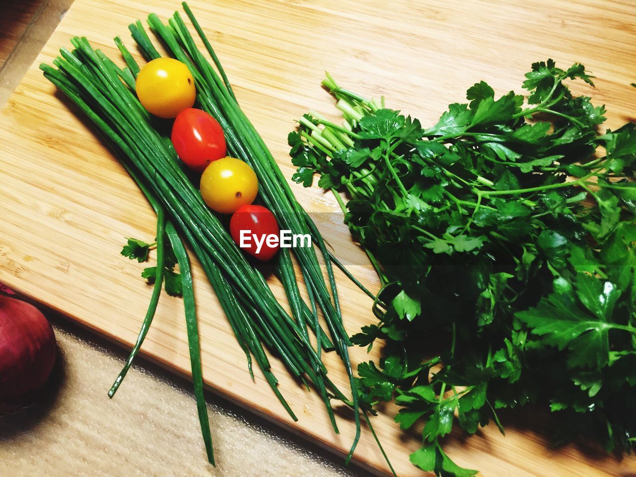 High angle view of vegetables on cutting board