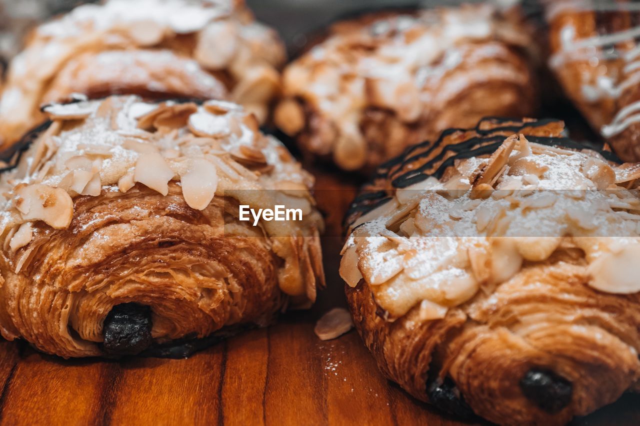 Sweet crispy fresh croissants with almonds