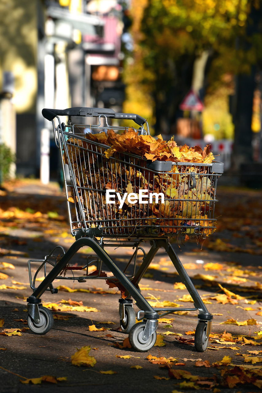 CLOSE-UP OF SHOPPING CART FOR SALE AT STREET