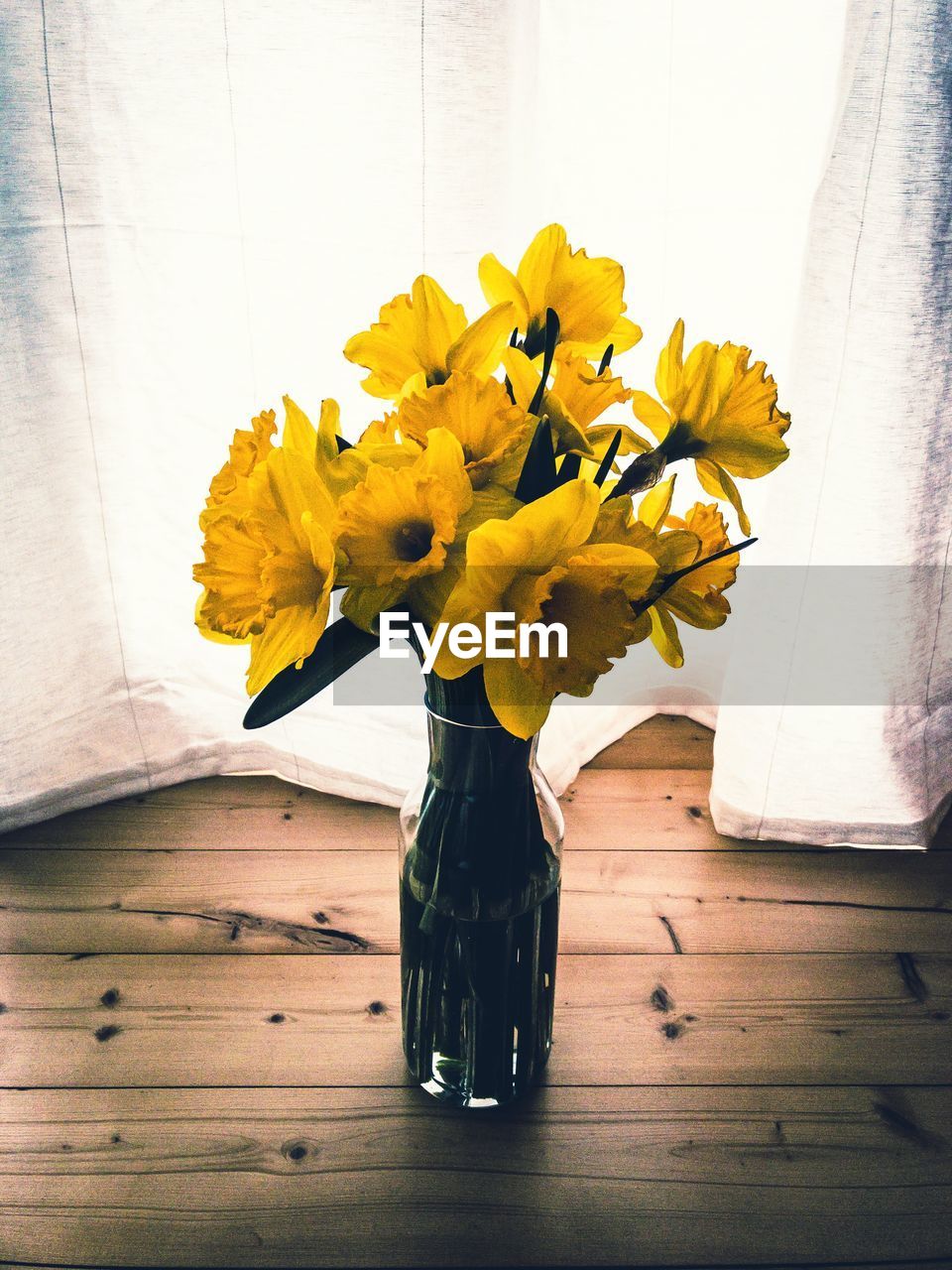 Close-up of yellow flower vase on wooden floor at home