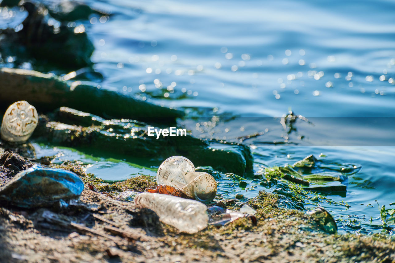 Close-up of garbage on beach