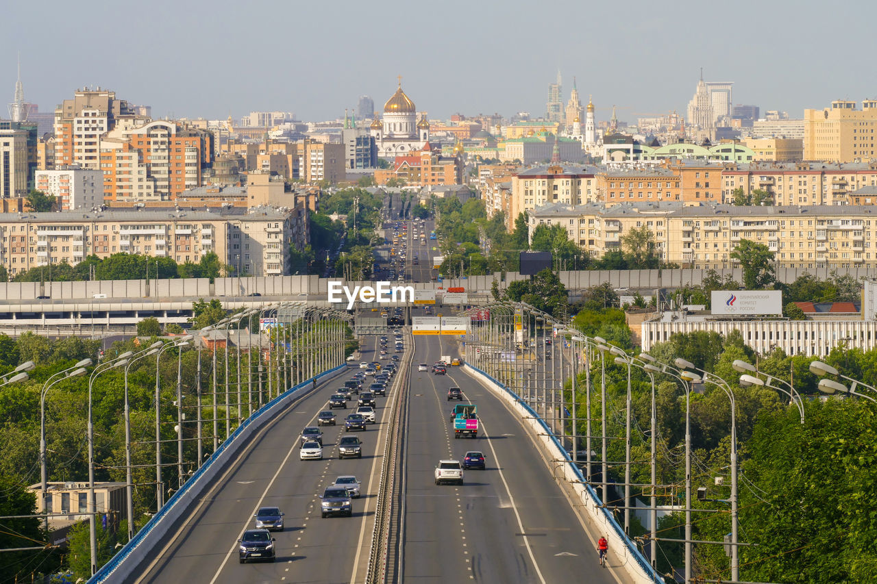 High angle view of highway and cityscape