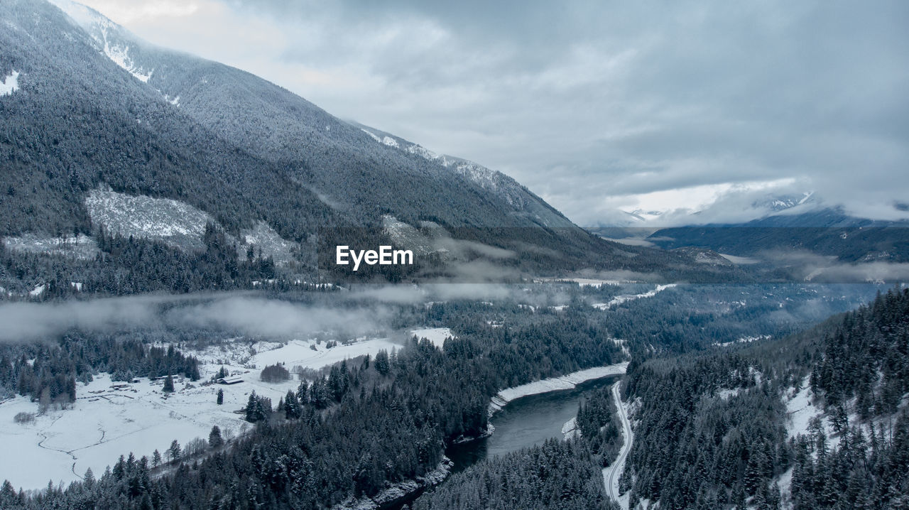 Aerial of snowy cold valley