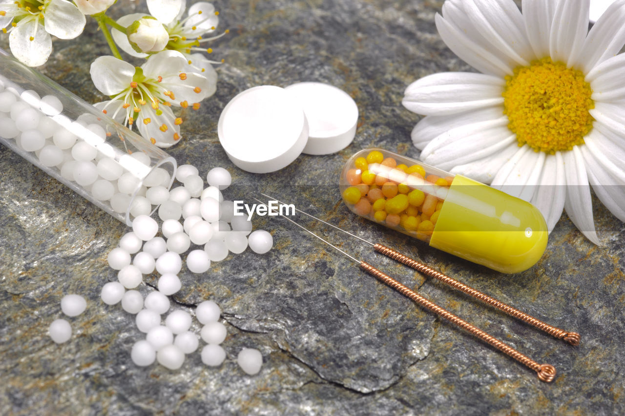 HIGH ANGLE VIEW OF WHITE FLOWER IN CONTAINER ON FLOOR