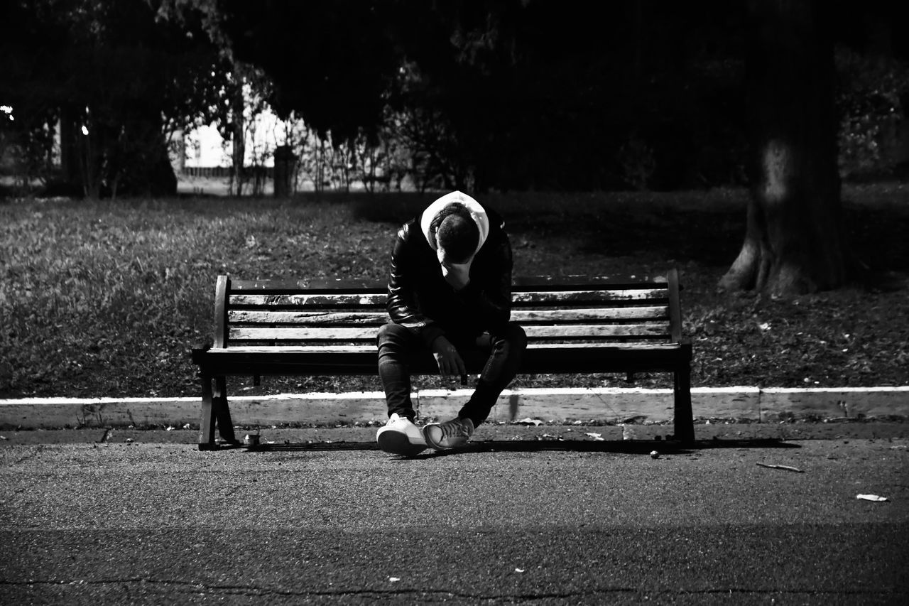 black, bench, white, black and white, seat, darkness, one person, park bench, sitting, monochrome, park, full length, monochrome photography, park - man made space, sadness, adult, loneliness, nature, relaxation, tree, lifestyles, men, depression - sadness, plant, leisure activity, night, despair, outdoors, solitude, light, homelessness, furniture, city, casual clothing
