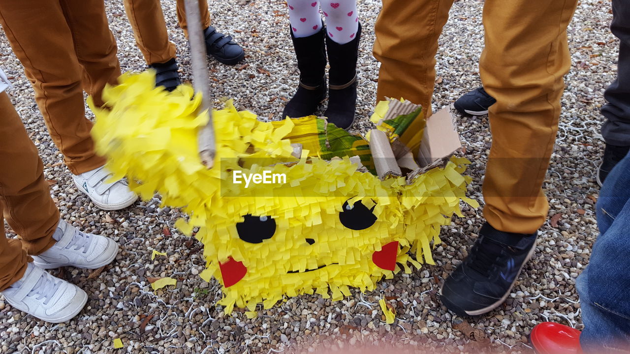 LOW SECTION OF PEOPLE STANDING ON STREET WITH YELLOW PETALS