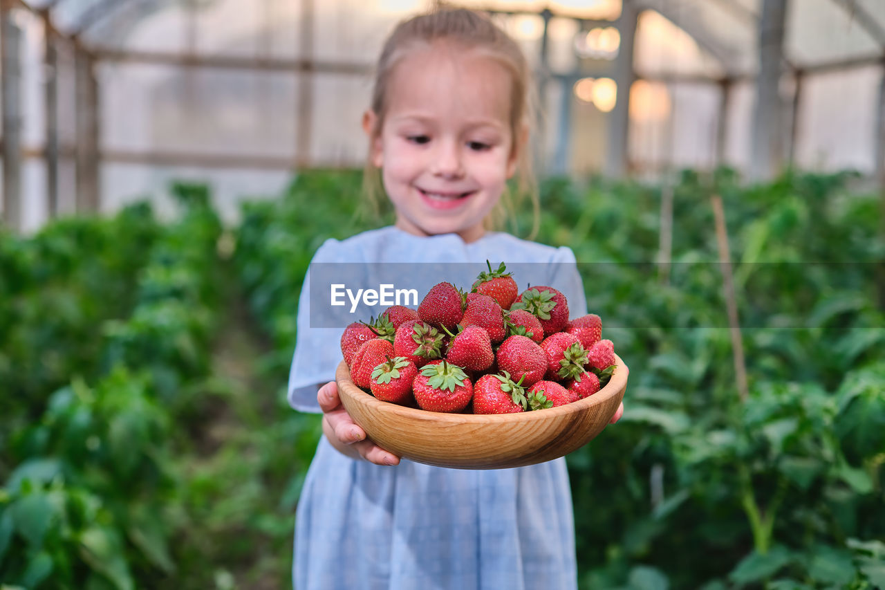 portrait of cute baby girl holding strawberries