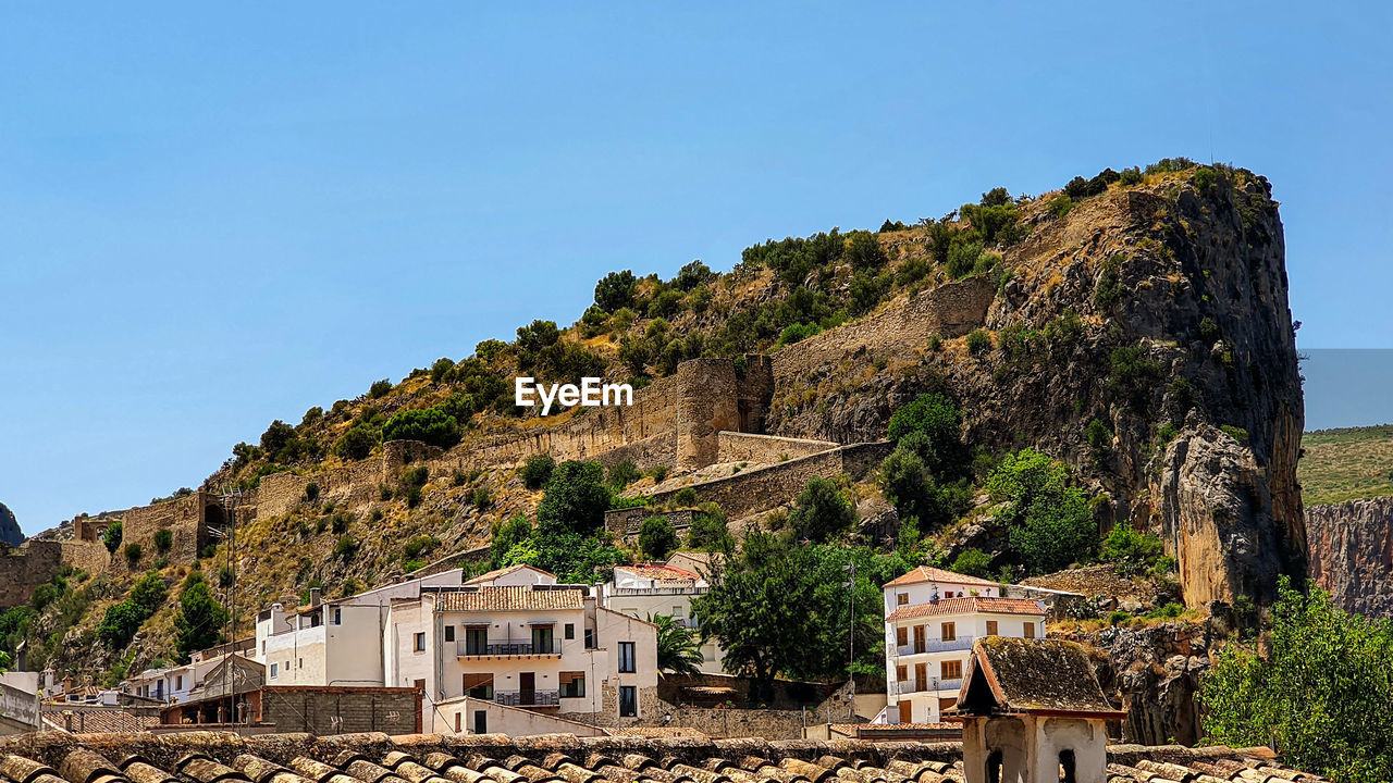 Trees, castle and buildings against clear sky