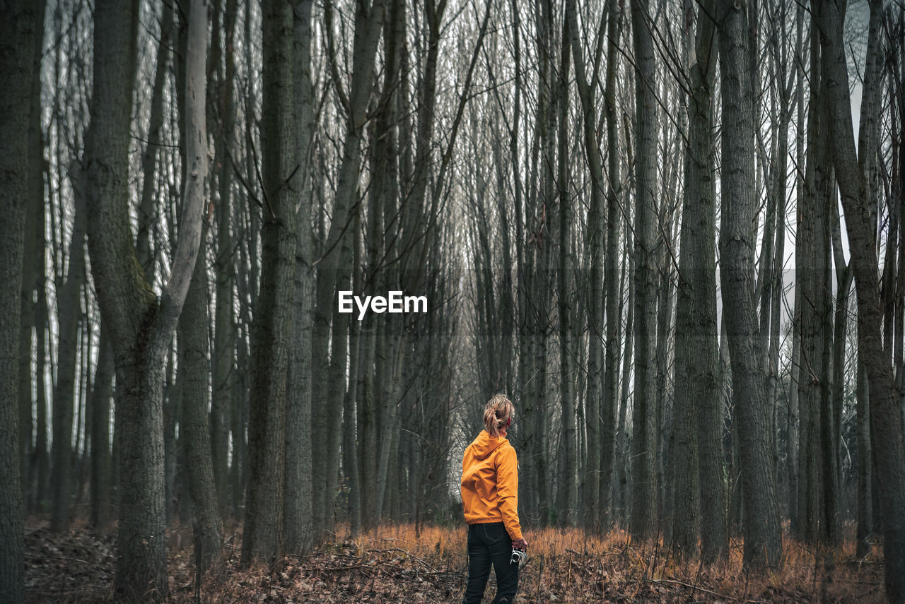 Woman standing by tree trunk in forest