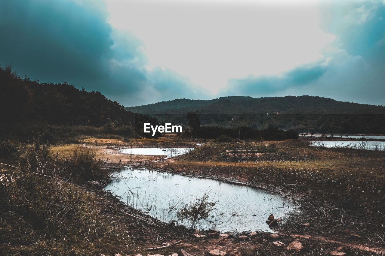 SCENIC VIEW OF LAKE BY MOUNTAIN AGAINST SKY