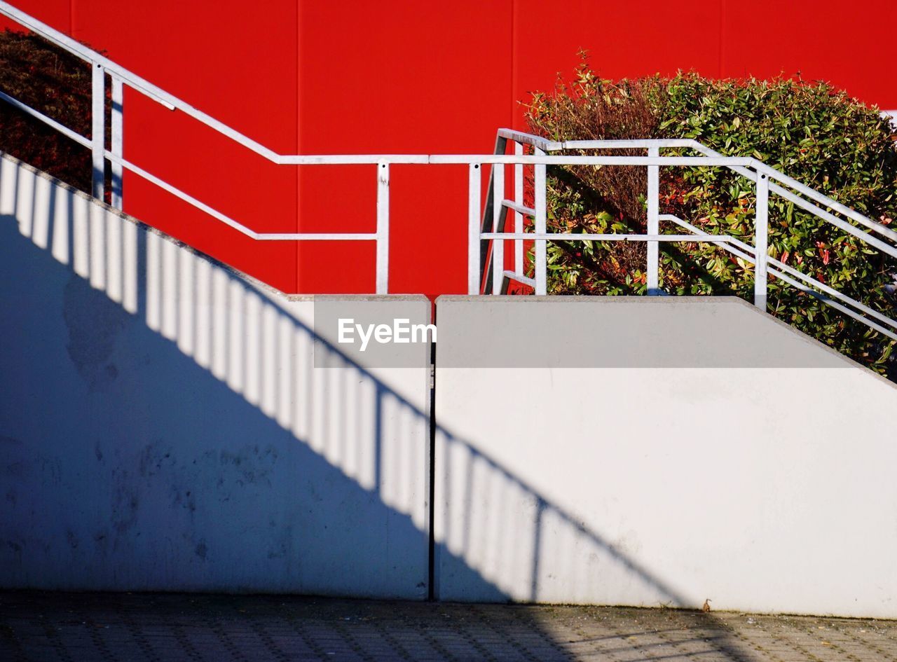 Plants on steps against red wall