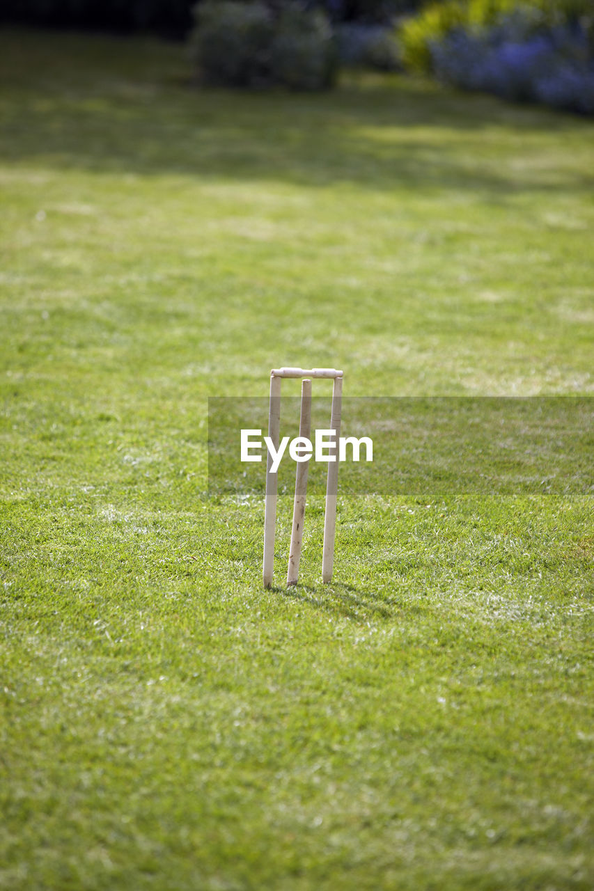 High angle view of cricket stump on grassy field
