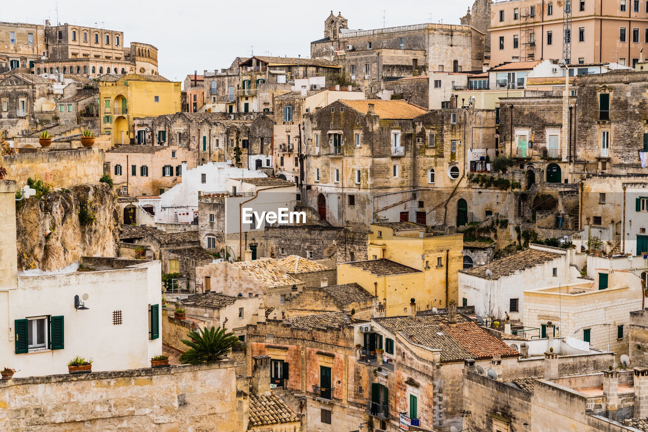 High angle view of old buildings in town