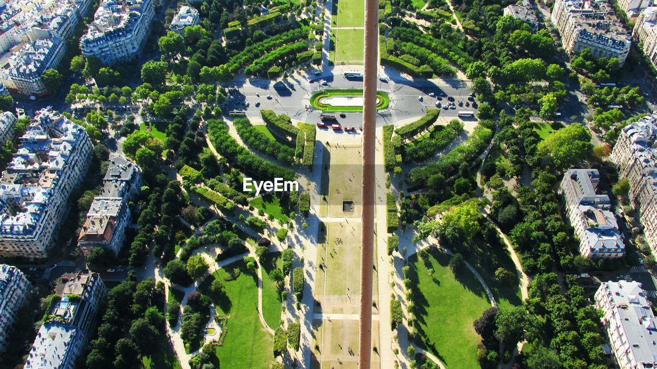 High angle view of champ de mars seen from eiffel tower