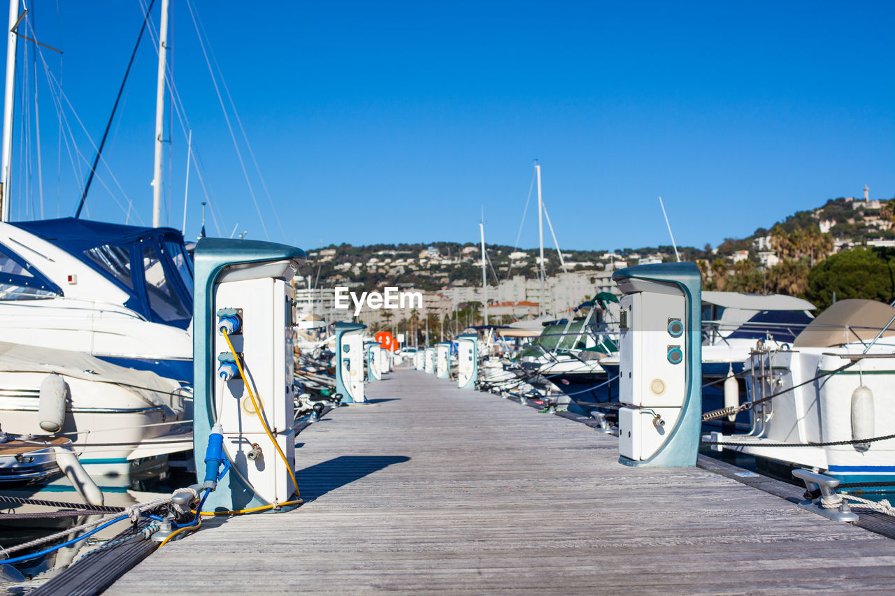 SAILBOATS MOORED IN CITY AGAINST BLUE SKY