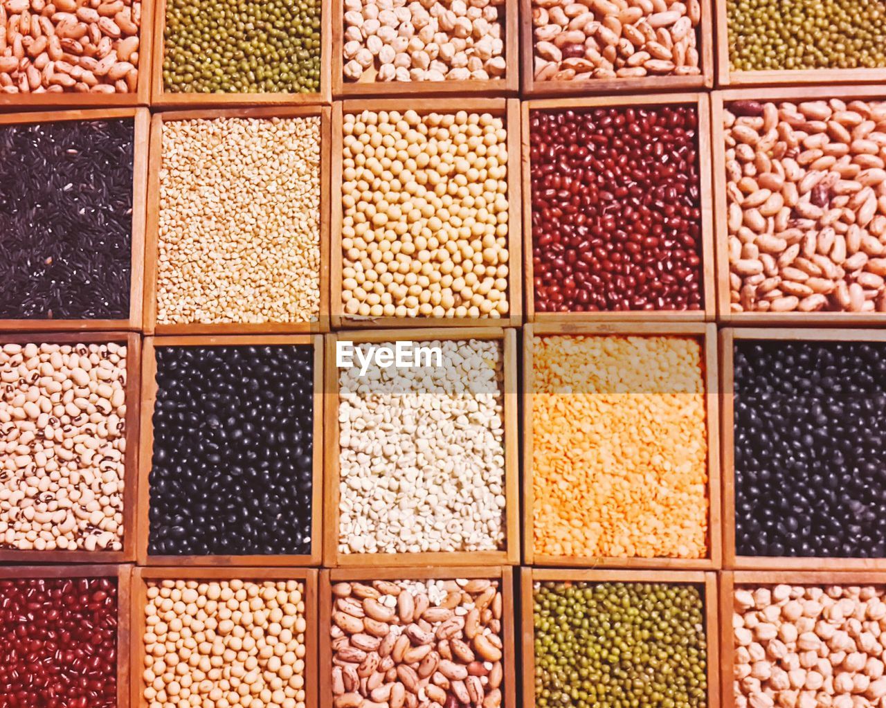 Variety of beans and lentils in box containers