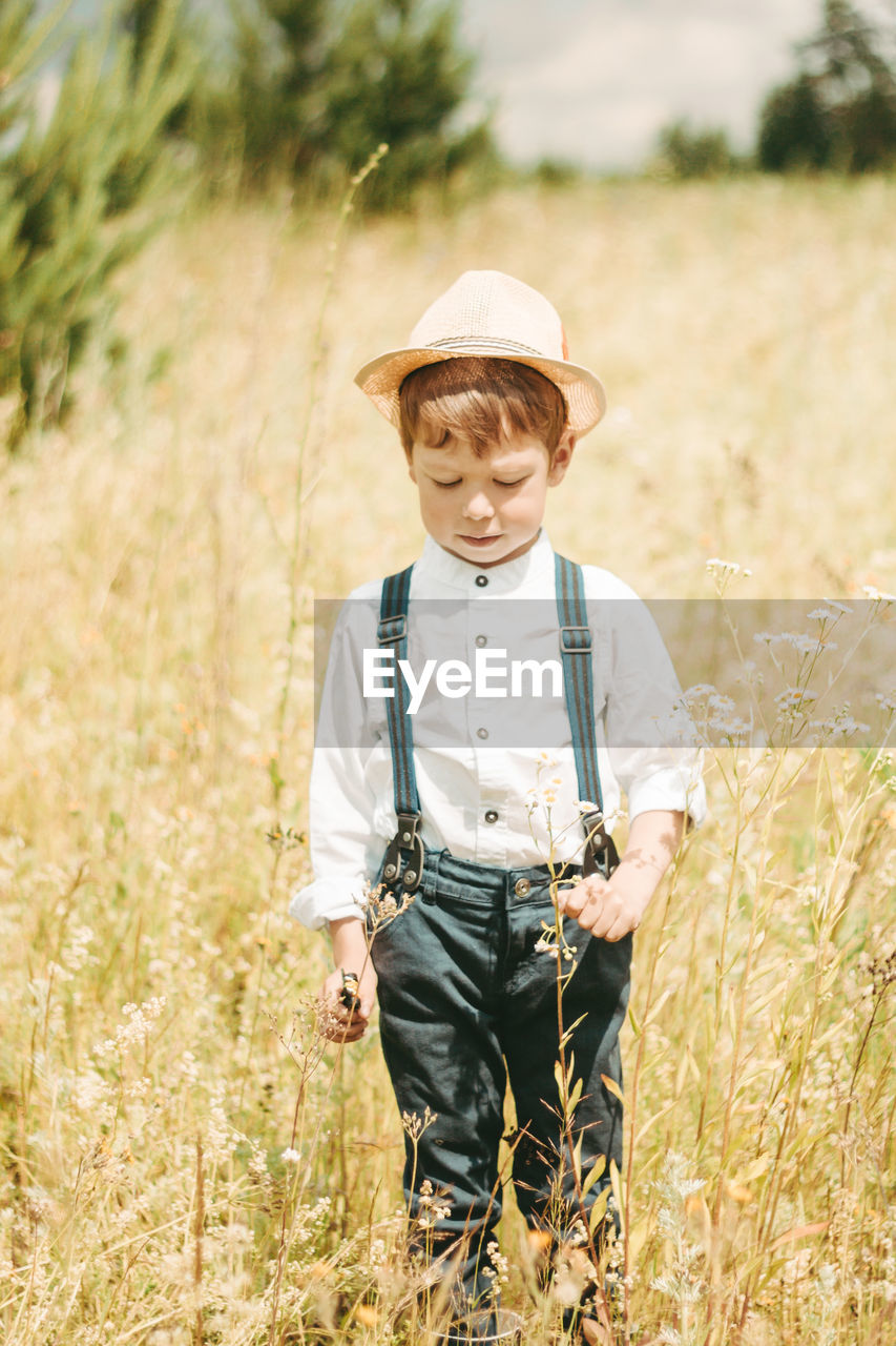 A little farmer is walking in a summer field, a little boy in a straw hat. boy in rubber boots 