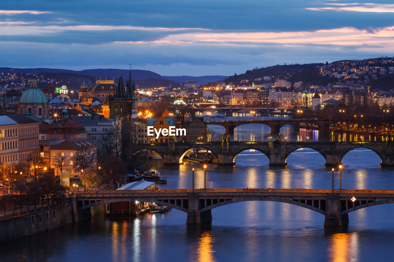 Evening view of the historical city centre of prague and river vltava.