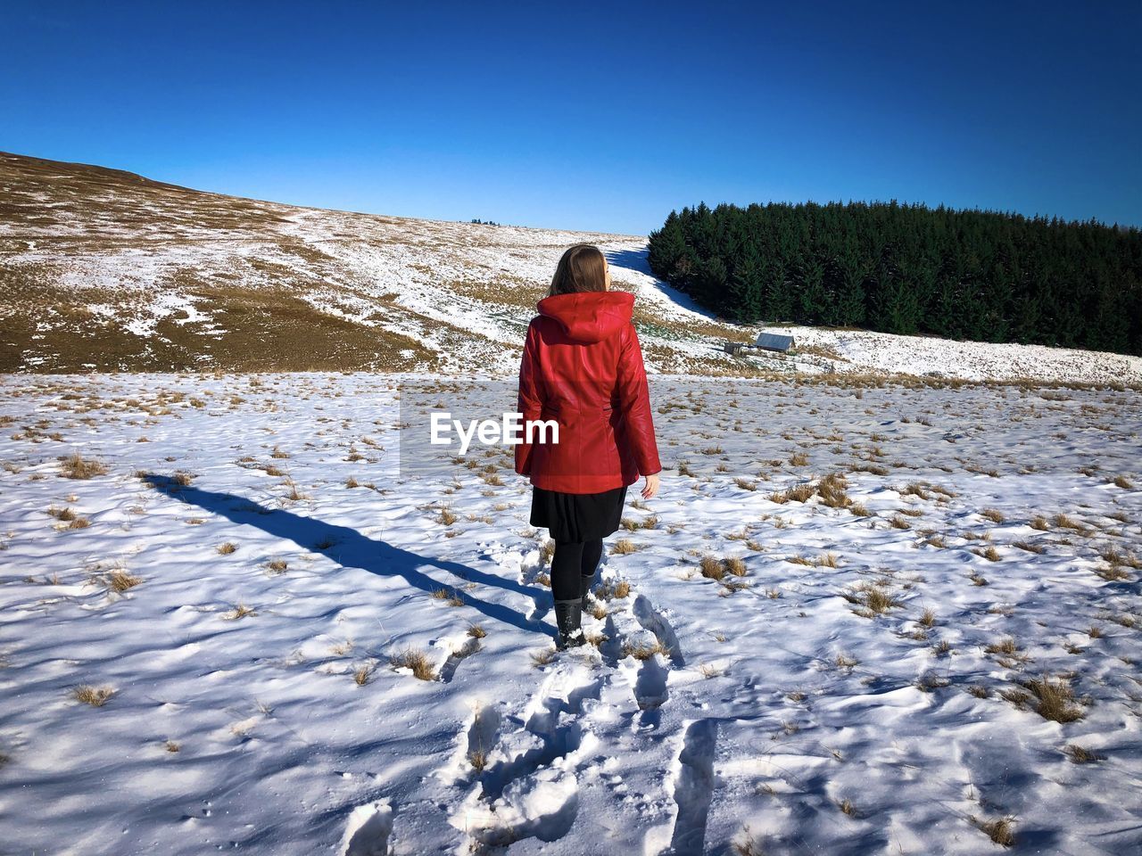 Rear view of woman in red coat walking on a field covered in snow