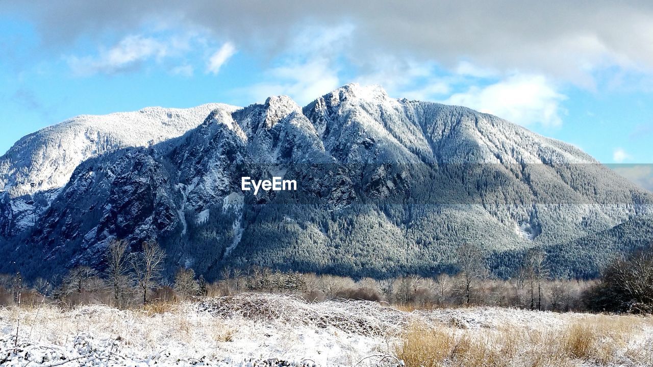 Scenic view of snow covered mountains against sky