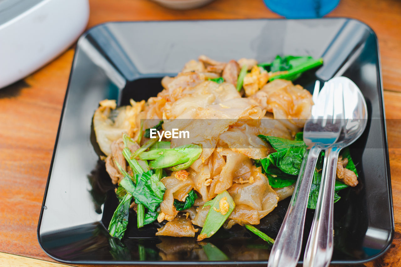 High angle view of food in plate on table