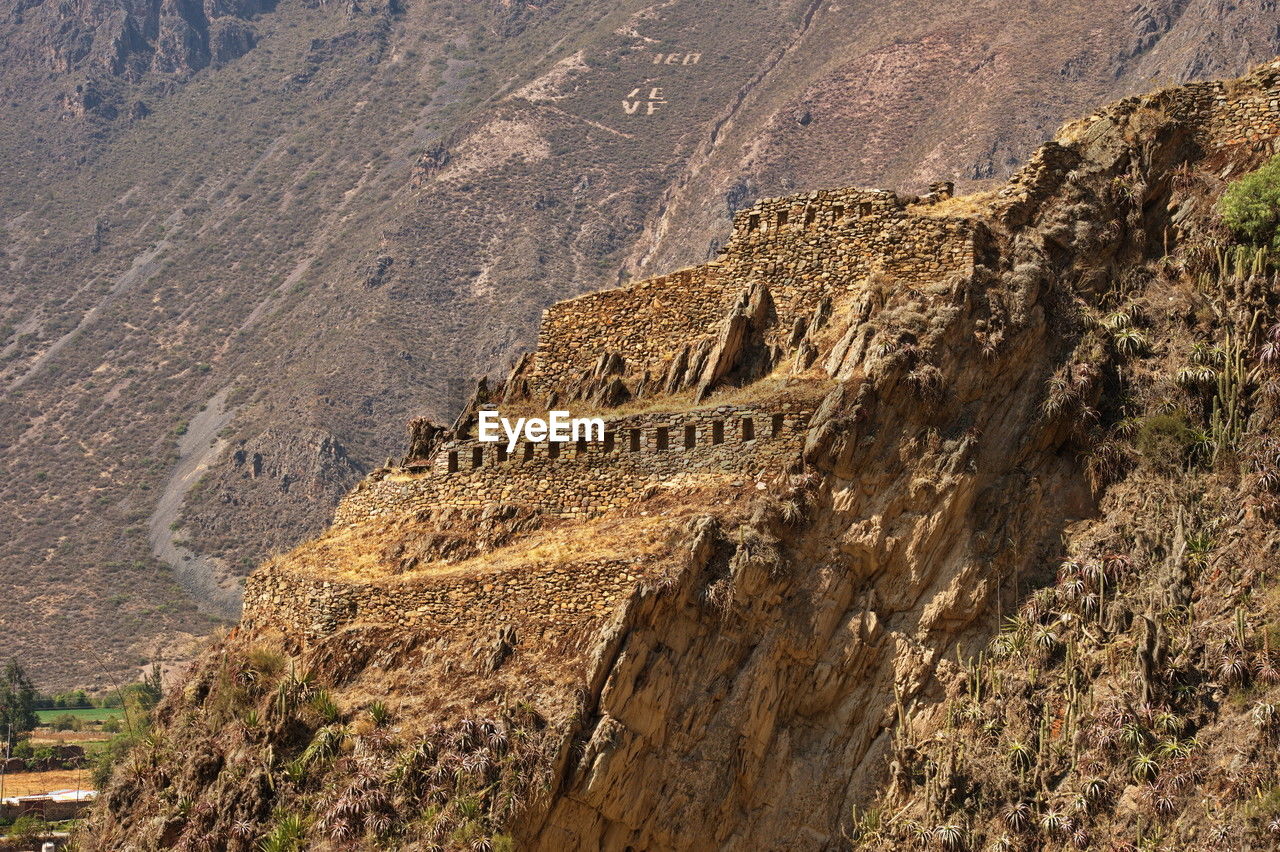 Archaeological site in ollantaytambou on the top of the mountain