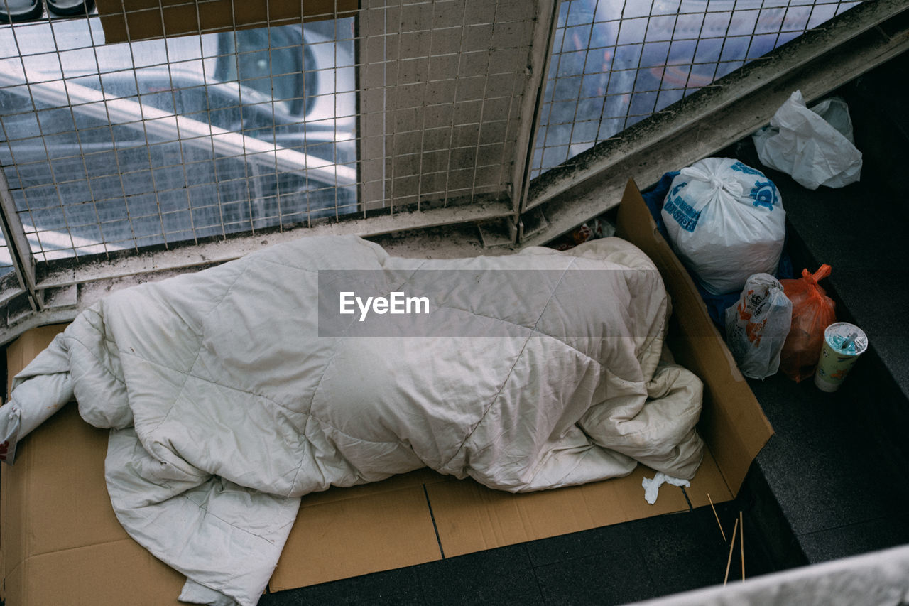 High angle view of homeless person  sleeping 