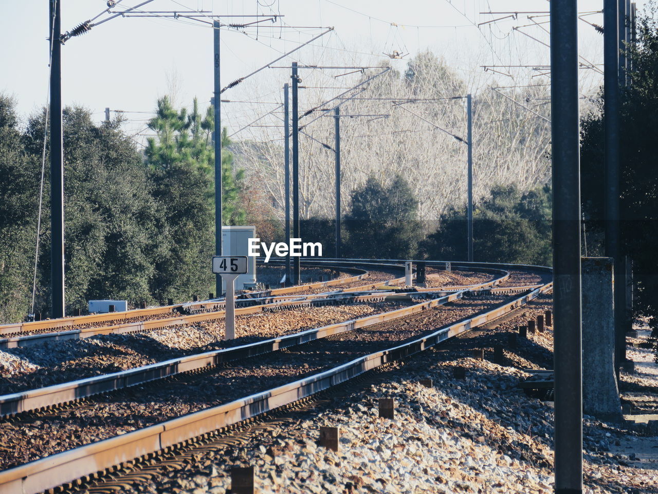 Railroad tracks seen through train windshield